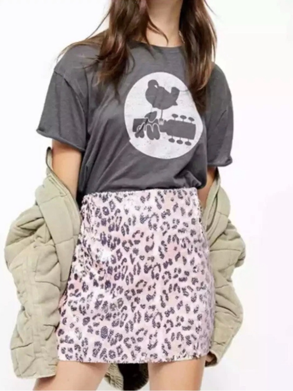 Free People Skinny Sequin Mini Skirt Pink Cheetah Leopard Size 8 NWT